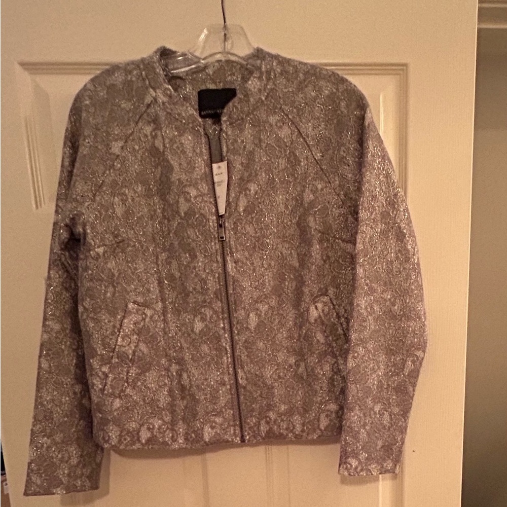 Banana Republic, NWT, Silver Jacquard Zip-Up Bomber Style Jacket. Medium